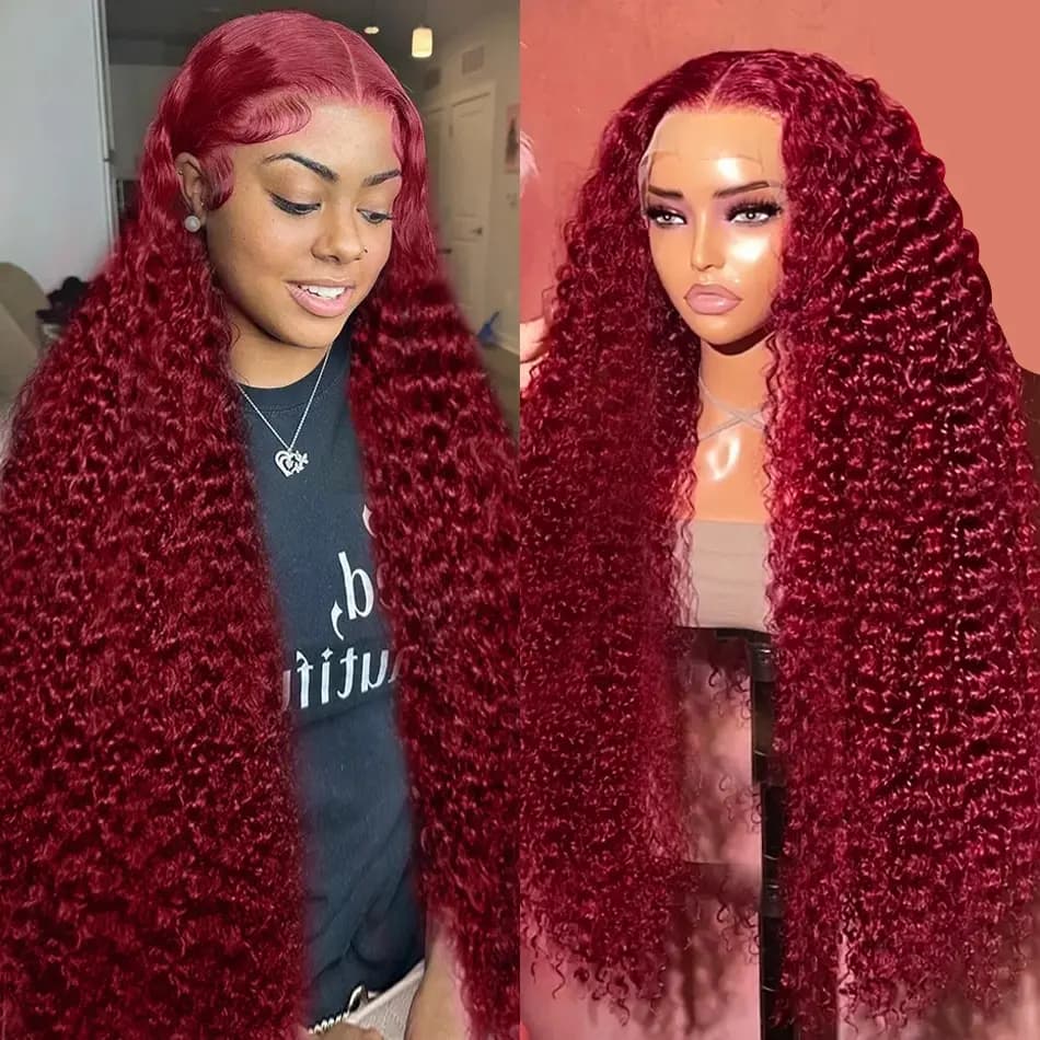 250% 13x6 Hd 99j Burgundy Deep Wave Lace Frontal Wig For Women Colored Red Water Wave Curly Lace Front Human Hair Wigs On Sale