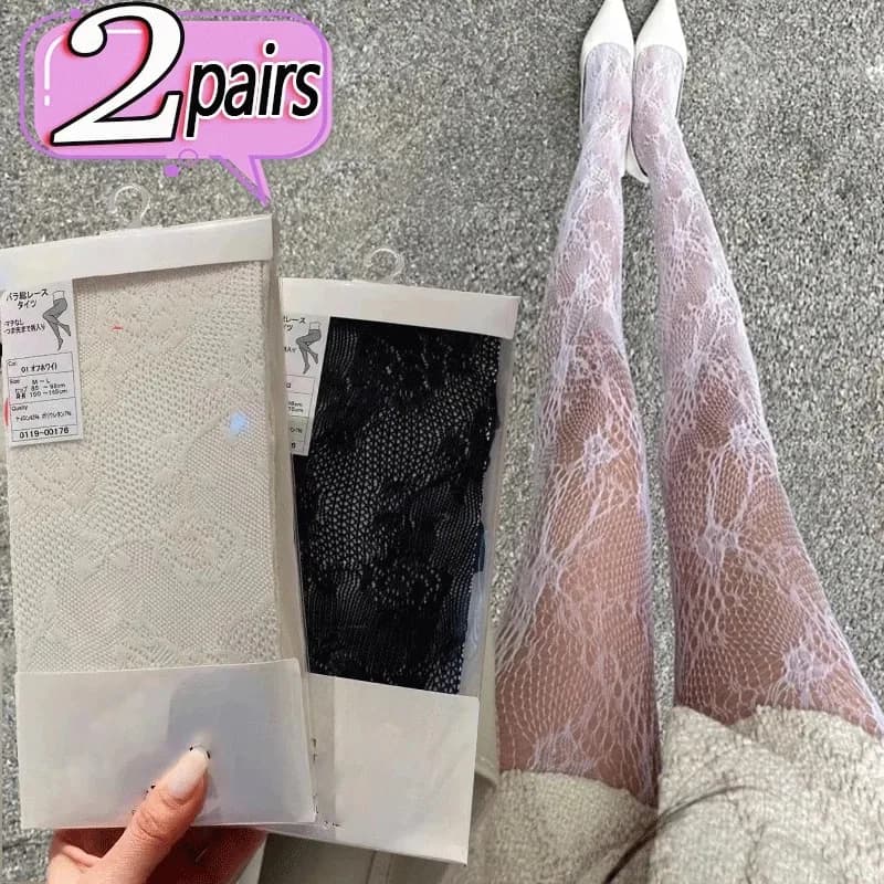 Lace Flower Bottomed Stockings Women Gothic Black White Mesh Hollowed Pantyhose Female Sexy Floral Rattan Fishnet Tights Hosiery