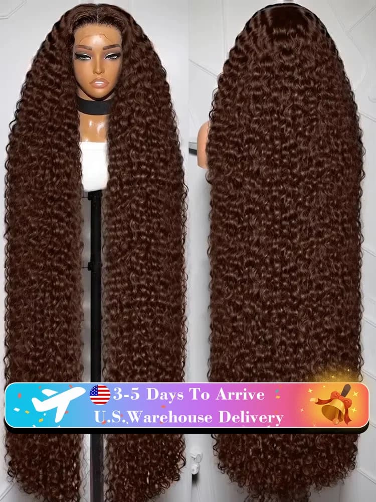 YKB Curly HD 220% 13x6 Chocolate Brown Deep Wave Human Hair Wigs Lace Front Water Wave Transparent Lace Frontal Wig 30 40 Inch