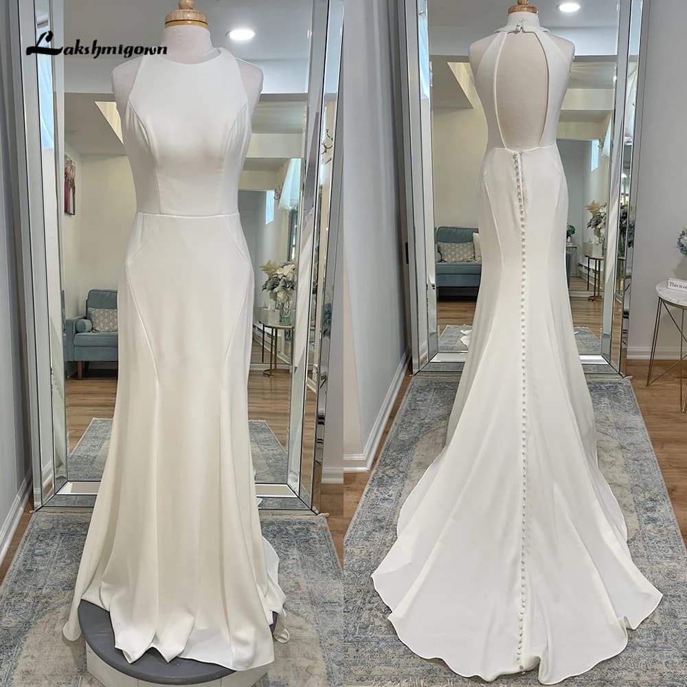 Simple Halter Sexy Open Back Button Satin Mermaid Wedding Dress Custom For Women Boho Bridal Gowns Sweep Robe De Mariée Vestidos
