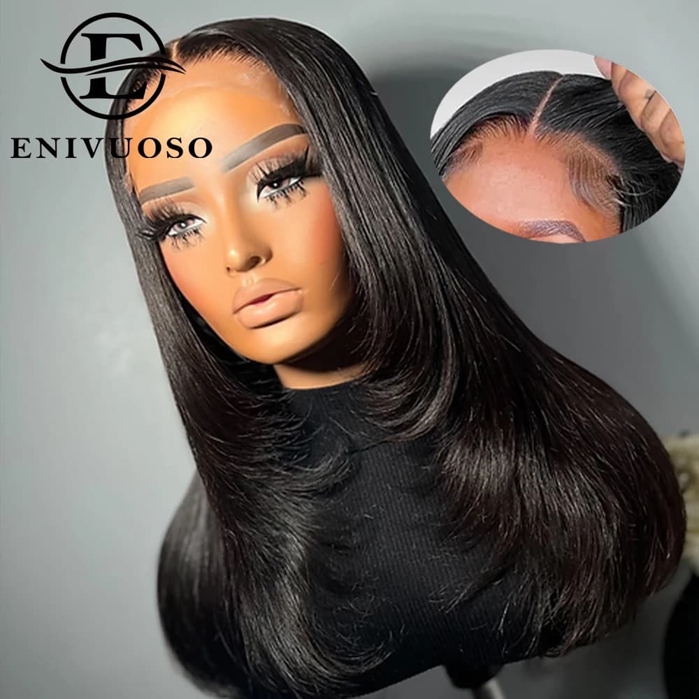 Layered Cut Straight Glueless Lace Wigs For Black Women Pre Cut Butterfly Haircut Straight 4X4 HD Lace Closure Synthetic Wigs