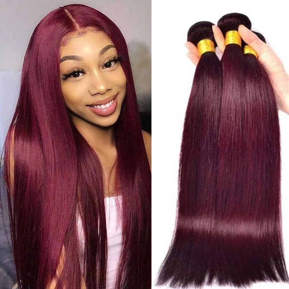 Wine Red #99J Remy Human Hair Weave 16-28 inch Long Silky Straight  Unprocessed Virgin Brazilian Hair Weft Extensions for Women