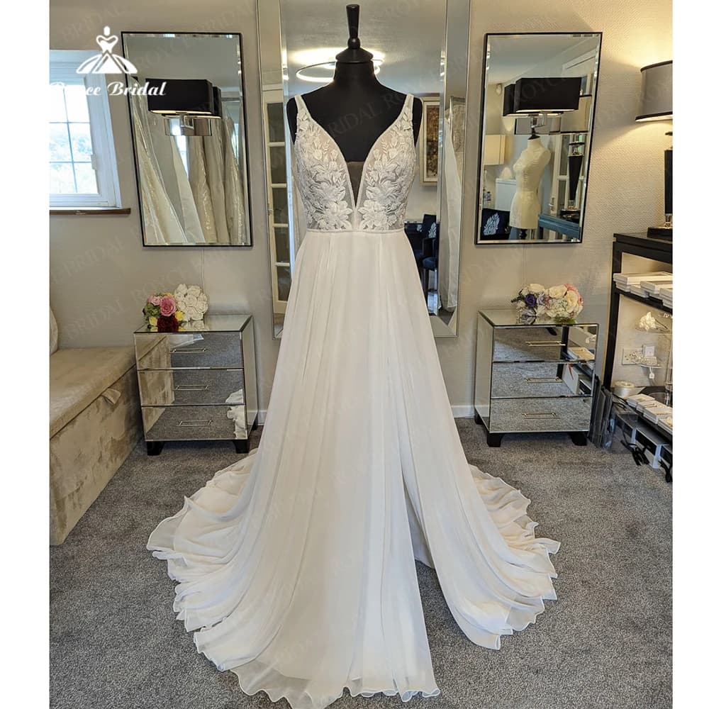 Charming White Widding Dresses Open Back Bridal Chiffom Side Slit Wedding Gowns 2023 Boho Lace Appliqued vestidos de novia