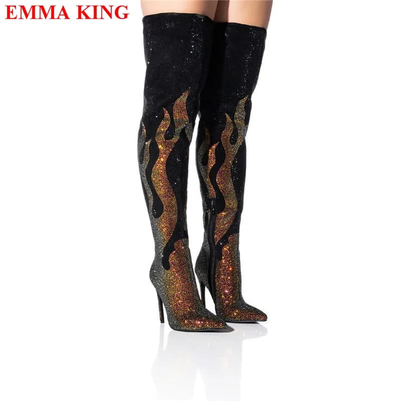 Luxury Women Bling Rhinestone Thigh High Boots Designer Crystal High Heel Party Ladies Shoes Pointed Toe Overknee Boots Woman