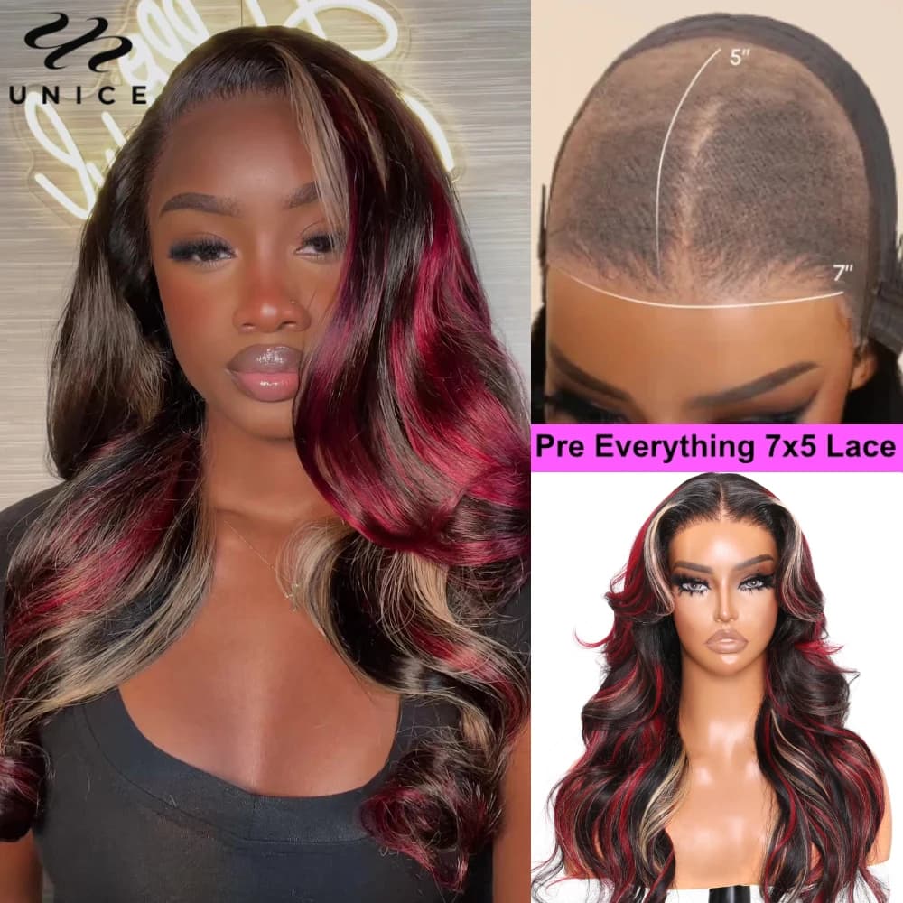 UNice Hair Bye Bye Knots 7x5 Glueless Wig Human Hair Red Blonde Highlight Loose Wave Wigs Pre Bleached Pre Cut Lace Closure Wig