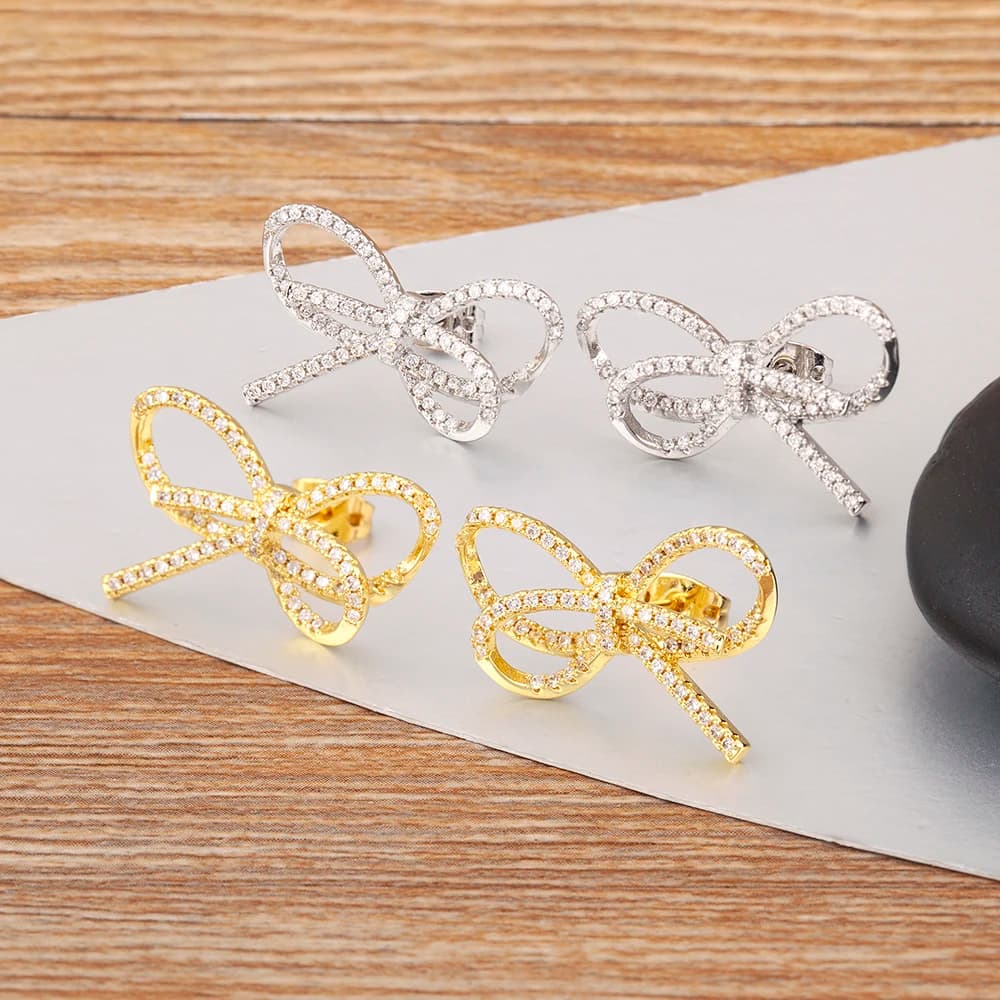 Nidin High Quality Bow Shape Aesthetic Lucky Stud Earrings For Women Sparkling Zircon Ear Jewelry Wholesale Accessories Gifts