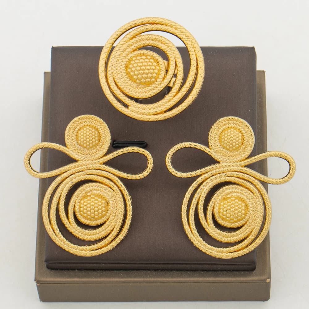 Nigerian Jewelry Gold Color Earrings Ring Set for Bride Alloy Copper Clip Earrings and Cocktail Ring 2Pcs Set for African Gifts