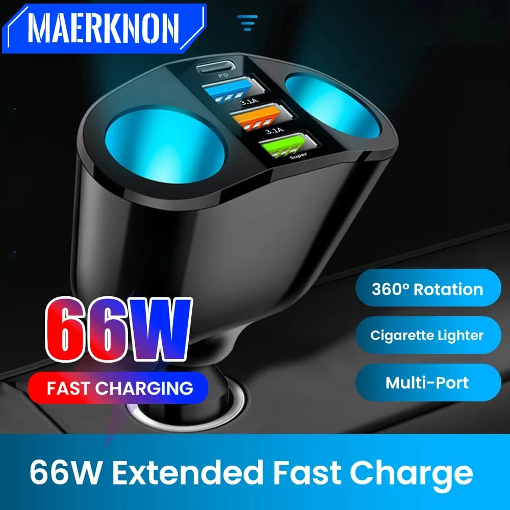 66W 4 Ports Car Charger Fast Charging USB Type C Car Phone Charger For iPhone Xiaomi Samsung Car Cigarette Lighter Power Adapter