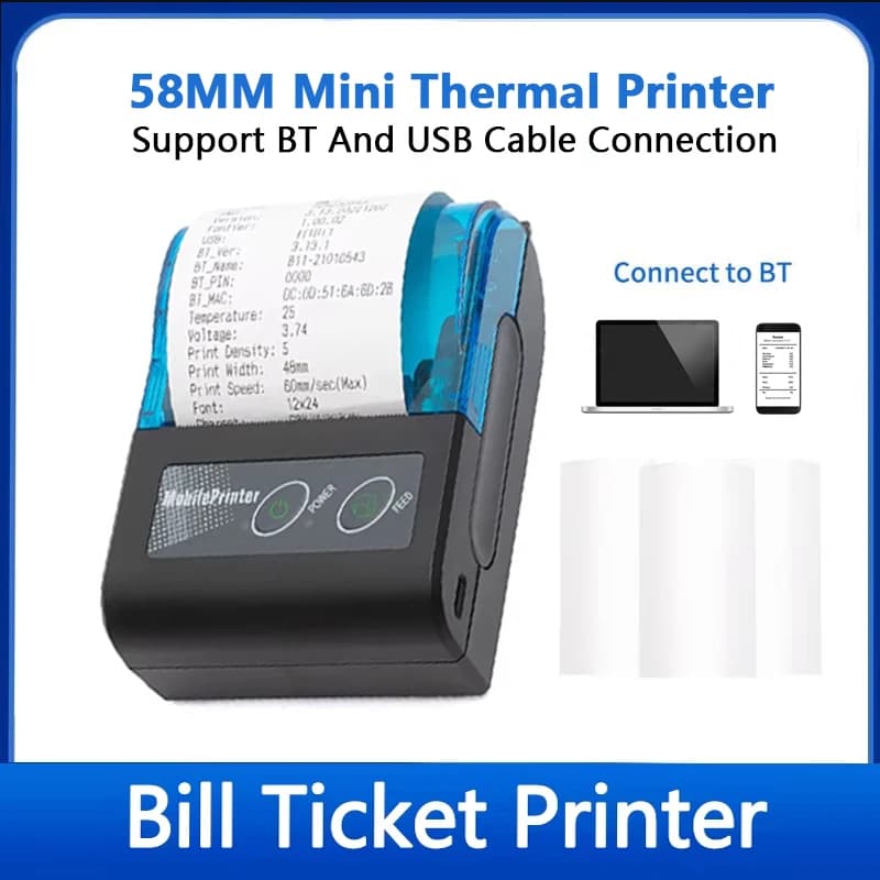 58mm Adhesive Label Printer Mobile Wireless Bluetooth Ticket Bill Printer Support BT&USB For Android IOS Windows Receipt Printer