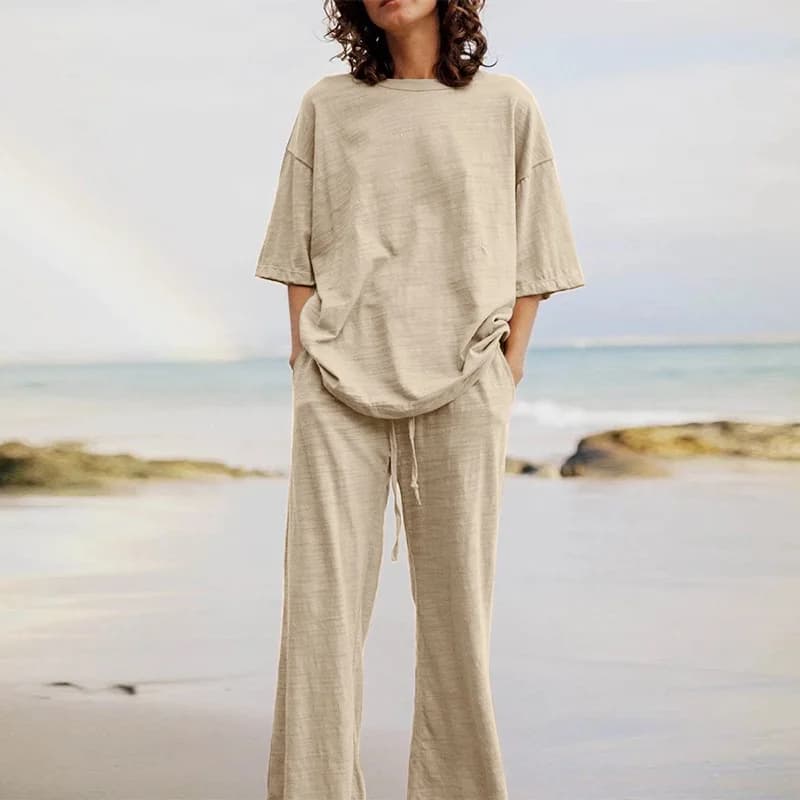 Ladies Blouse Shirt Top Wide Leg Pant Suit Set Cotton Linen Female Women Half Sleeve Blouse Two-Piece Vacation Sport Outfits
