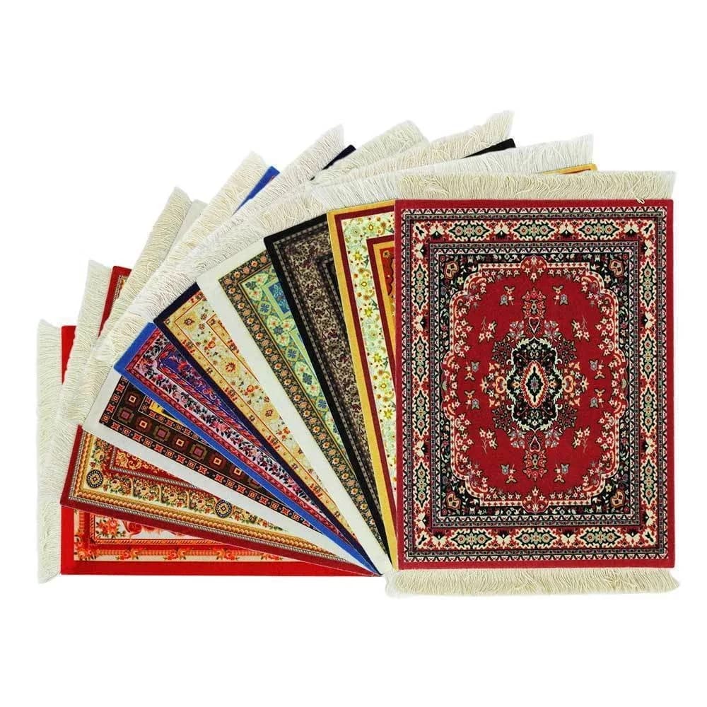 Persian Mini Woven Rug Mat Mousepad Retro Style Carpet Pattern Cup laptop PC Mouse Pad with Fring Home Office Table Decor Craft