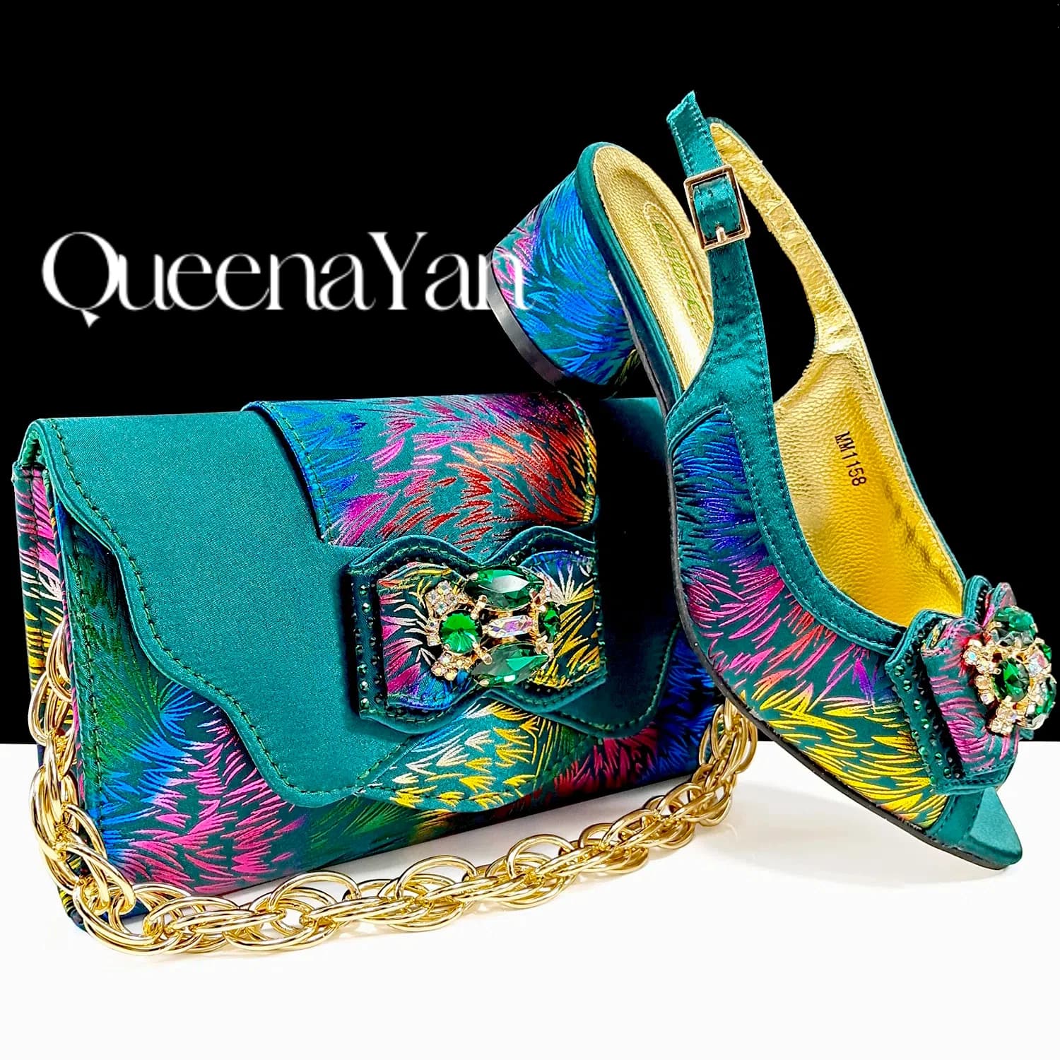 Queena Yan 2024 Glamour Fusion: Sparkling Crystal Heels and Chic Metallic Clutch for Sophisticated Evenings