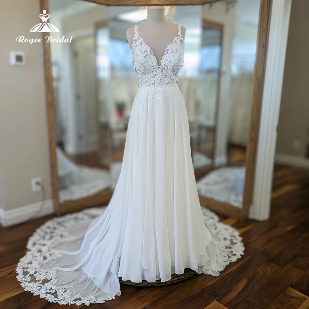 Boho V Neck Spaghetti Straps Lace Appliques Sweep A Line Wedding Dress Custom For Women Bridal Gowns vestidos de noiva robe de