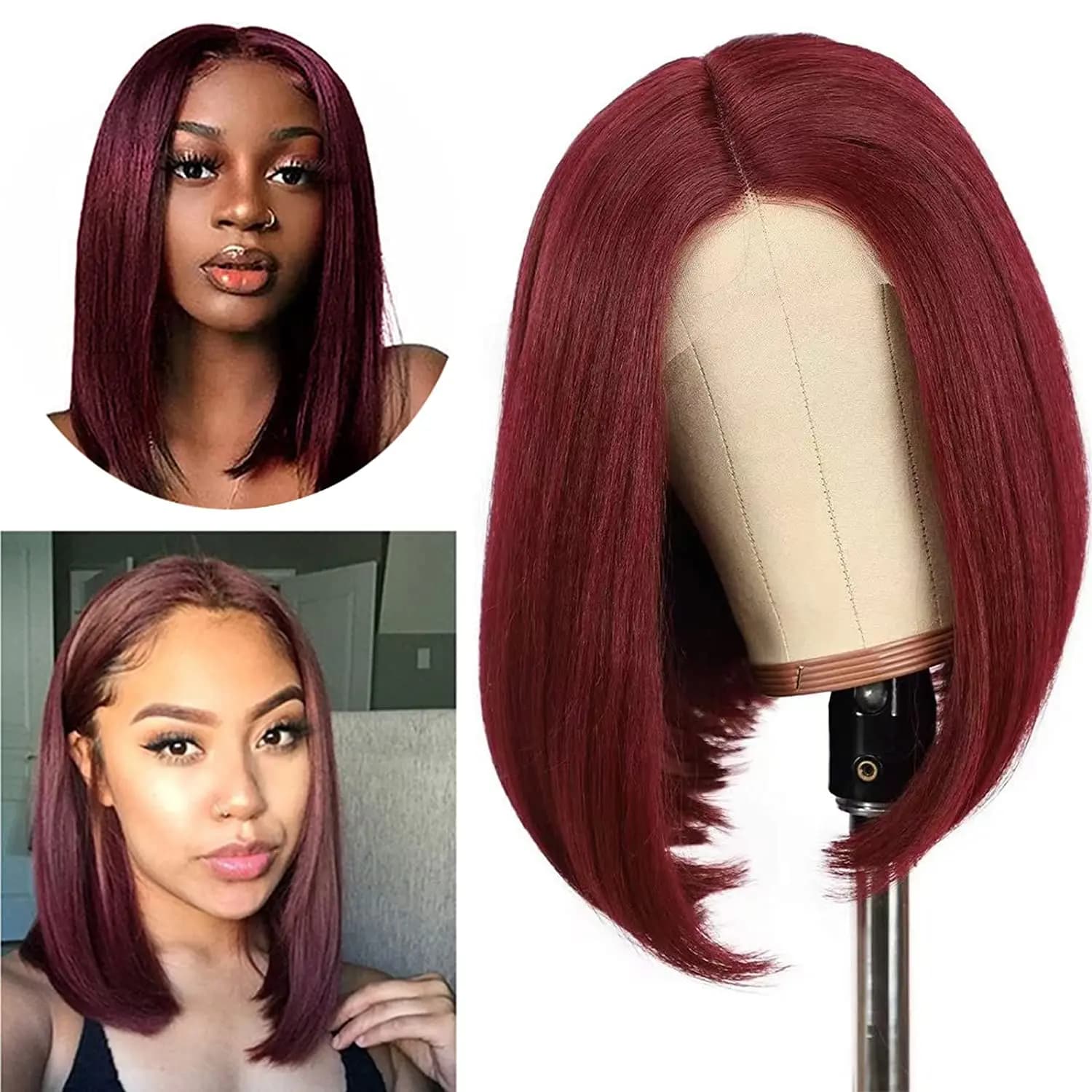 99J Transparent Lace Short Bob Human Hair Wigs Brazilian Burgundy Straight 13x4 Lace Front Wig For Black Women 180% Density