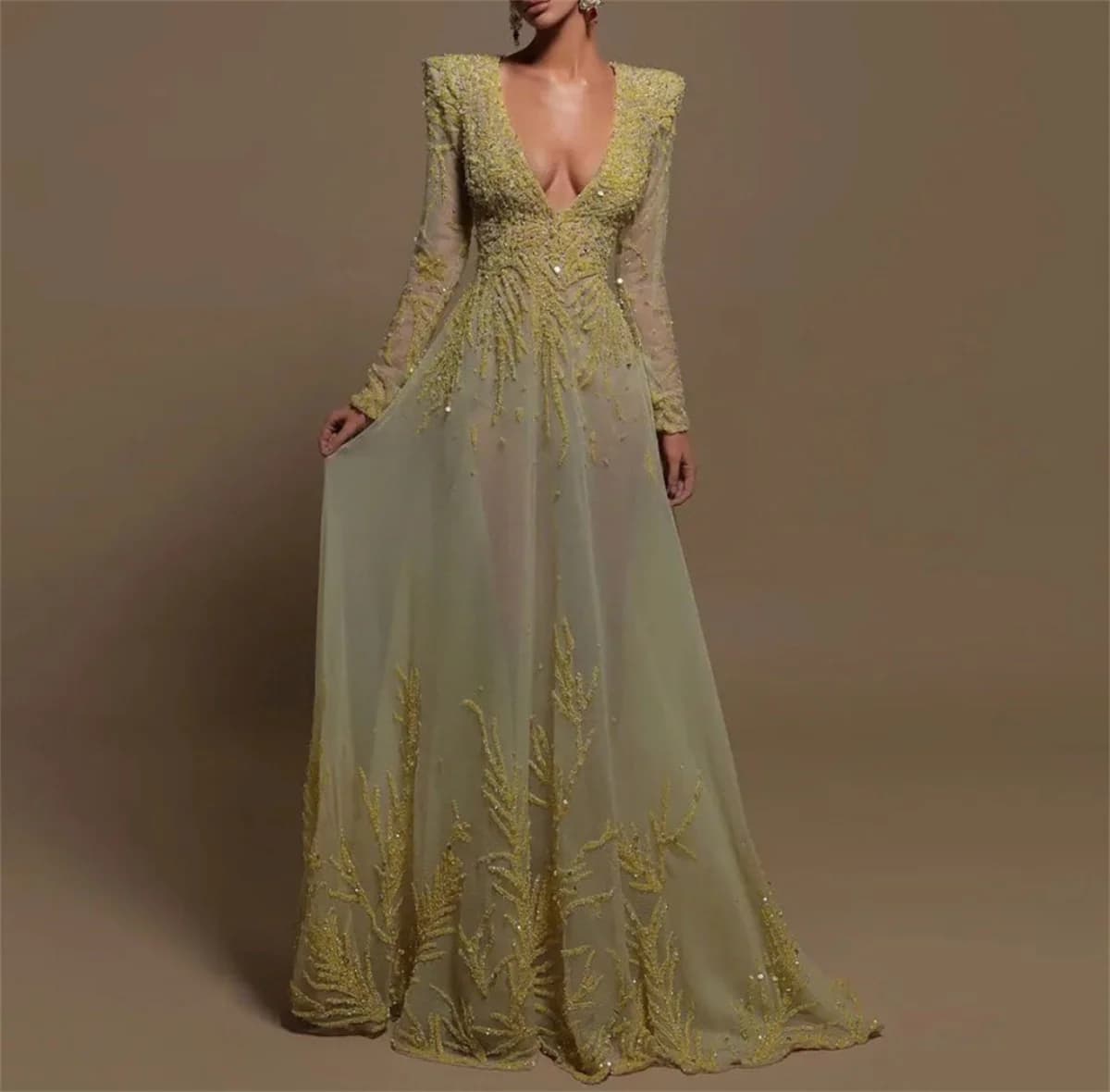 Star Customized Evening Dress Star Dress V-Neck Long Sleeves Tulle Sheer Sense Gold Yellow Appliqué To Floor Sexy 2025 New Model