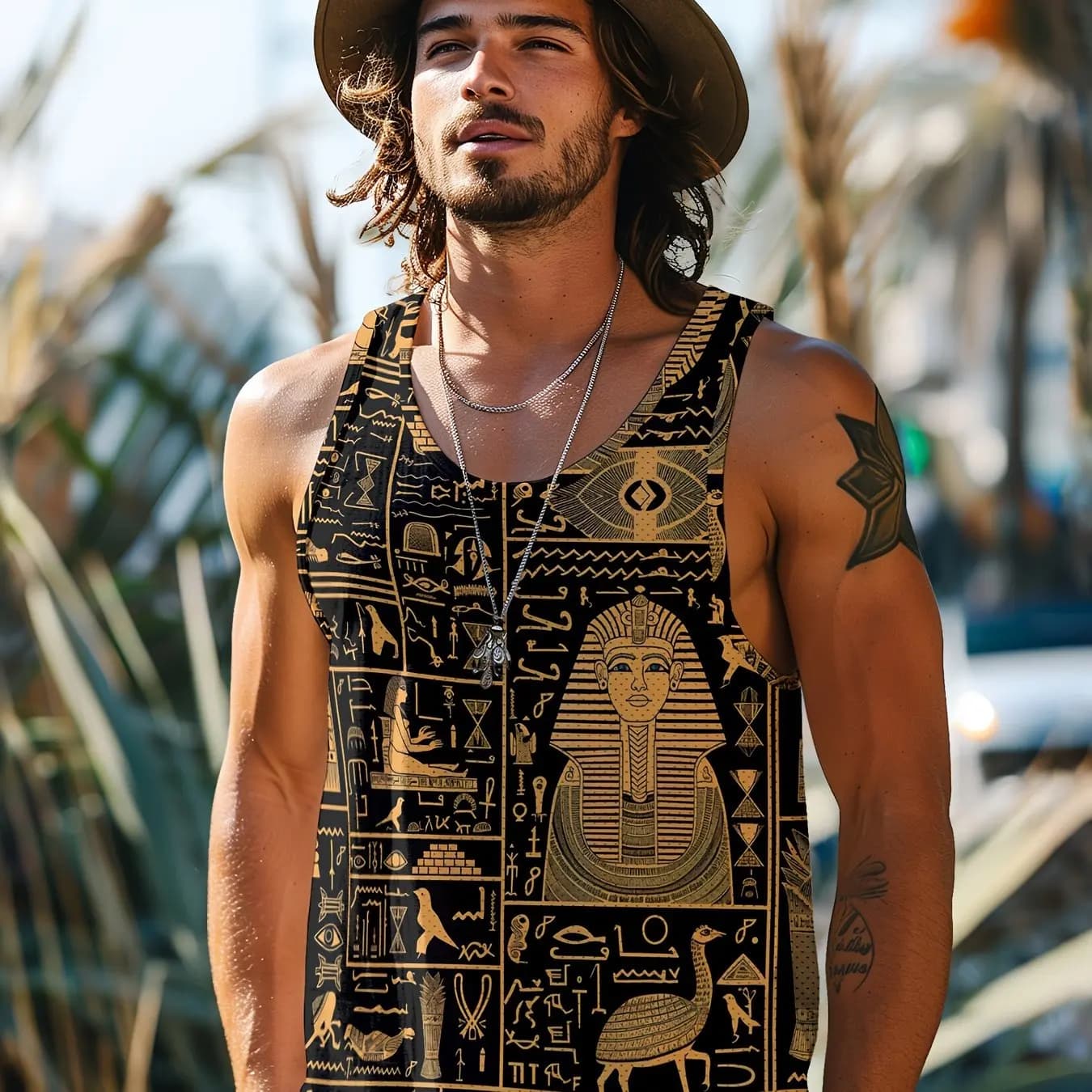 Summer Men's Vest Retro Totem Printed Round Neck Clothing Sleeveless T-shirt Printed Large Size Daily Sports Fitness Running Top