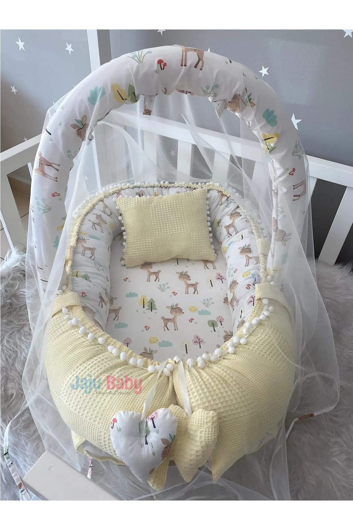Handmade Yellow Waffle Pique Fabric Ceylan Design Pompom Babynest Toy Apparatus and Tulle Set