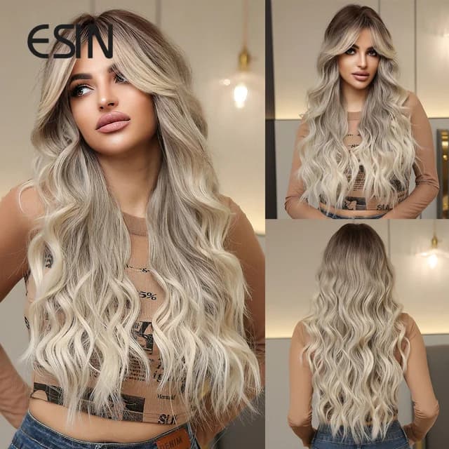 ESIN Long Wavy Wigs with Bangs Ombre Brown Blonde Synthetic Wig Daily Cosplay Party Use Heat Resistant Fiber Hair for Women