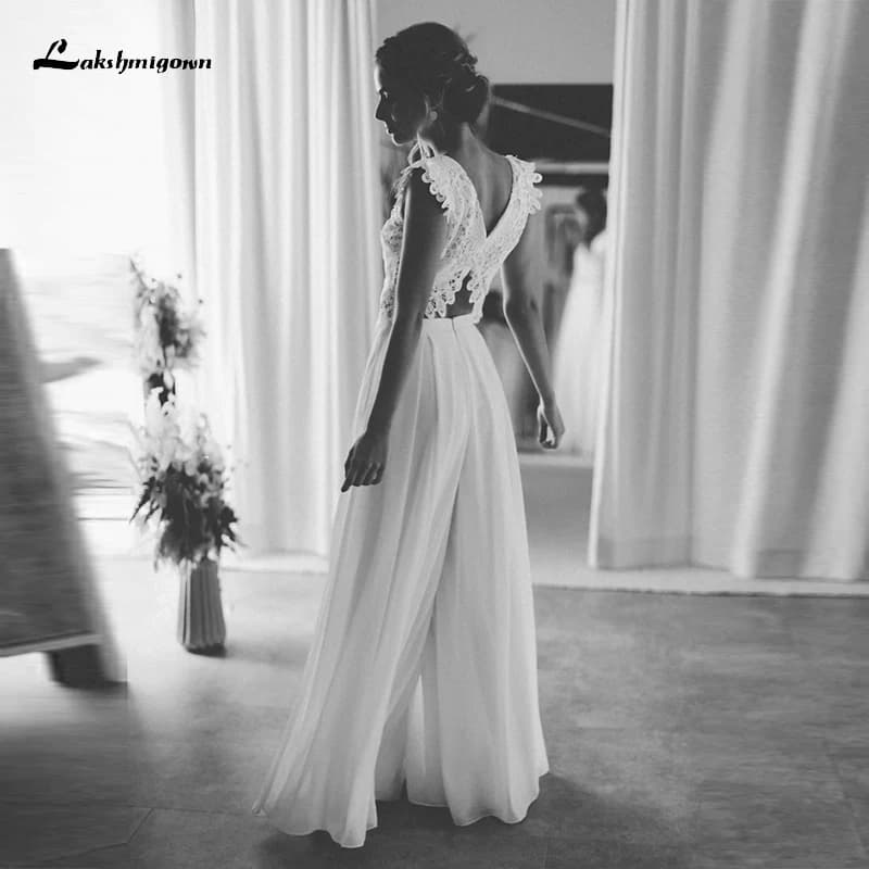 Simple Boho V-neck Sexy Open Back Button Lace Appliques Jumpsuit Wedding Dress Chiffon Bridal Gown Short Top vestido Customized