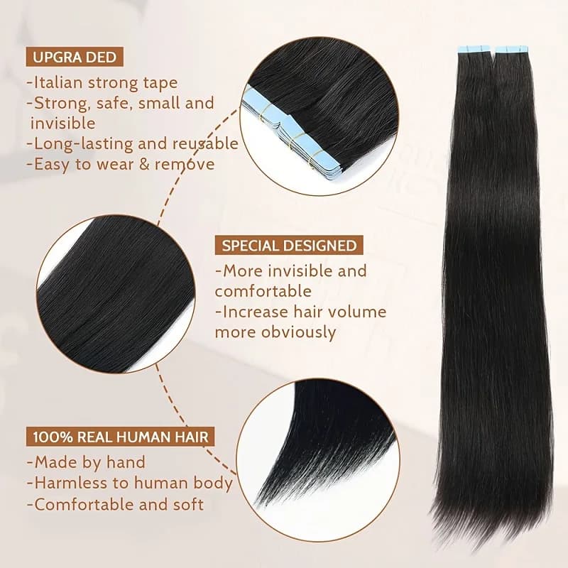 Alimice Remy Straight Tape In Hair Extensions  #1B Human Hair 50g Invisible Tape In Hair Extensions 20pcs For Women
