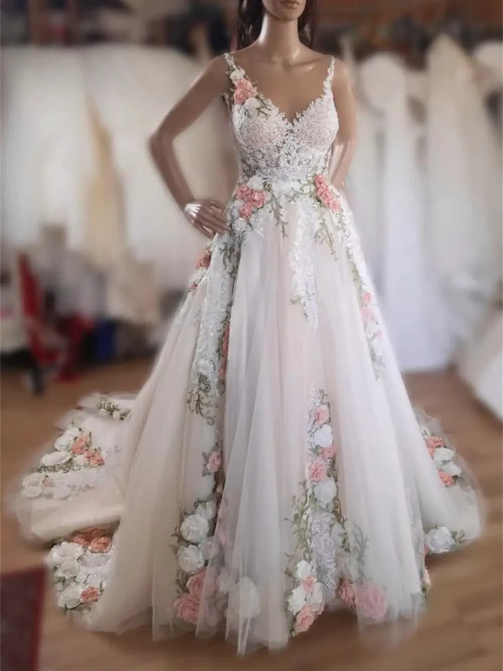 Customized 3D Floral Appliqué Bridal Wedding Dress Sleeveless V Neck Tulle A Line Dress Party Wedding Evening Formal Occasion