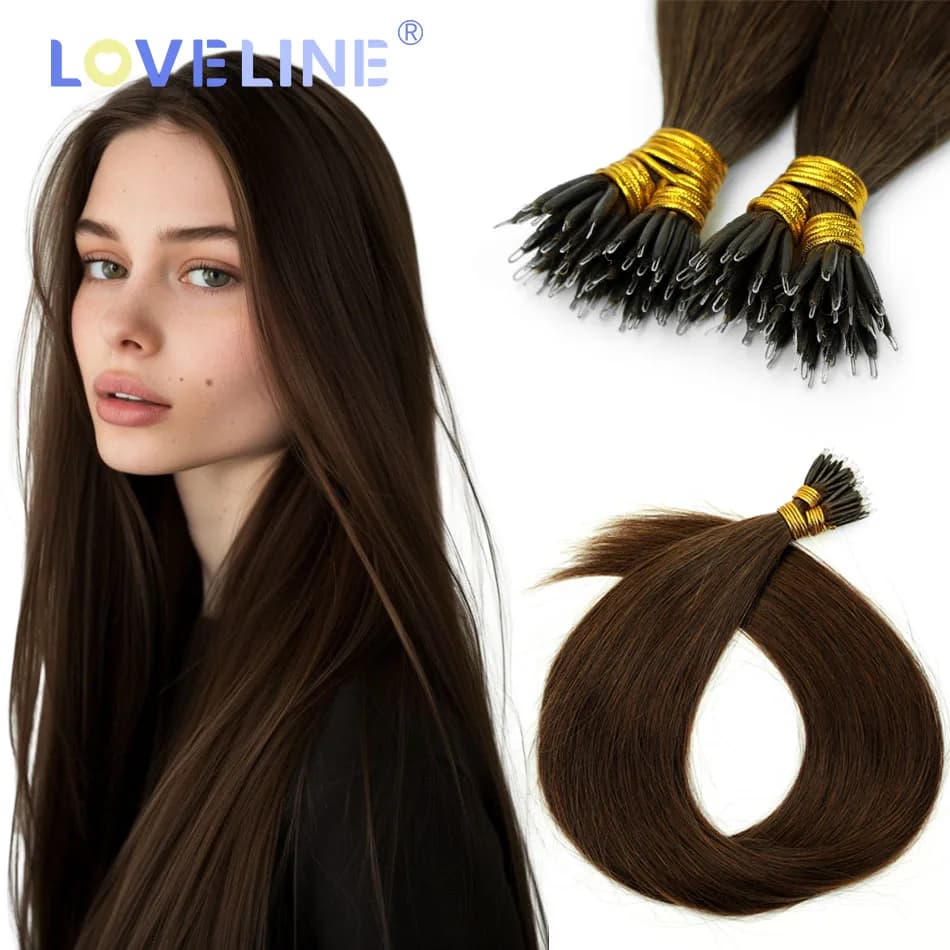 LOVELINE HAIR Straight Nano Ring Hair Extensions Nano Tip 14-24inch 1g/strand Micro Bead Fusion Remy Hair Brown Extensions