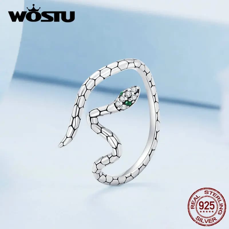 WOSTU 925 Sterling Silver Snake Opening Ring with Green Zircon for Women Luxury Party Gift Adjustable Size Original Jewelry