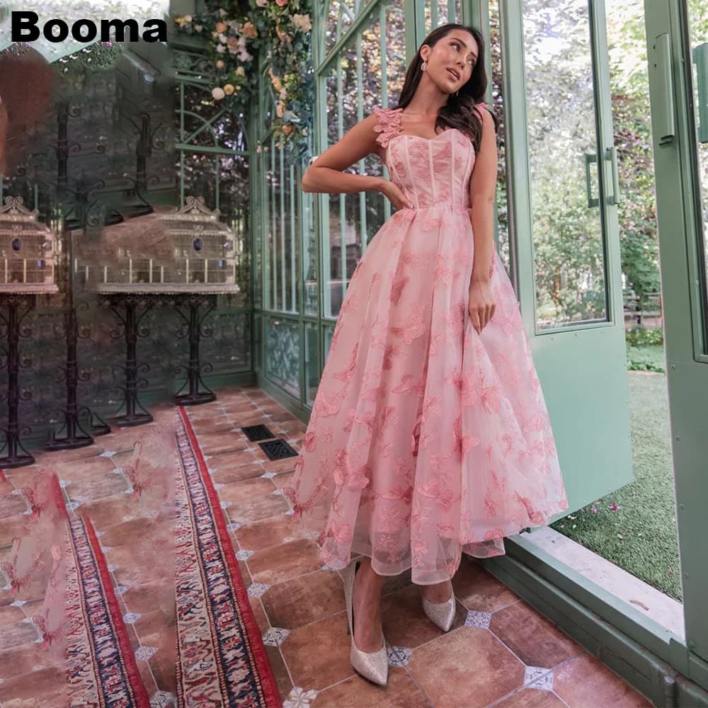 Booma Pink A-Line Midi Prom Dresses Sweetheart Sleeveless Butterfly Homecoming Party Gowns for Women Lace Up Evening Dresses