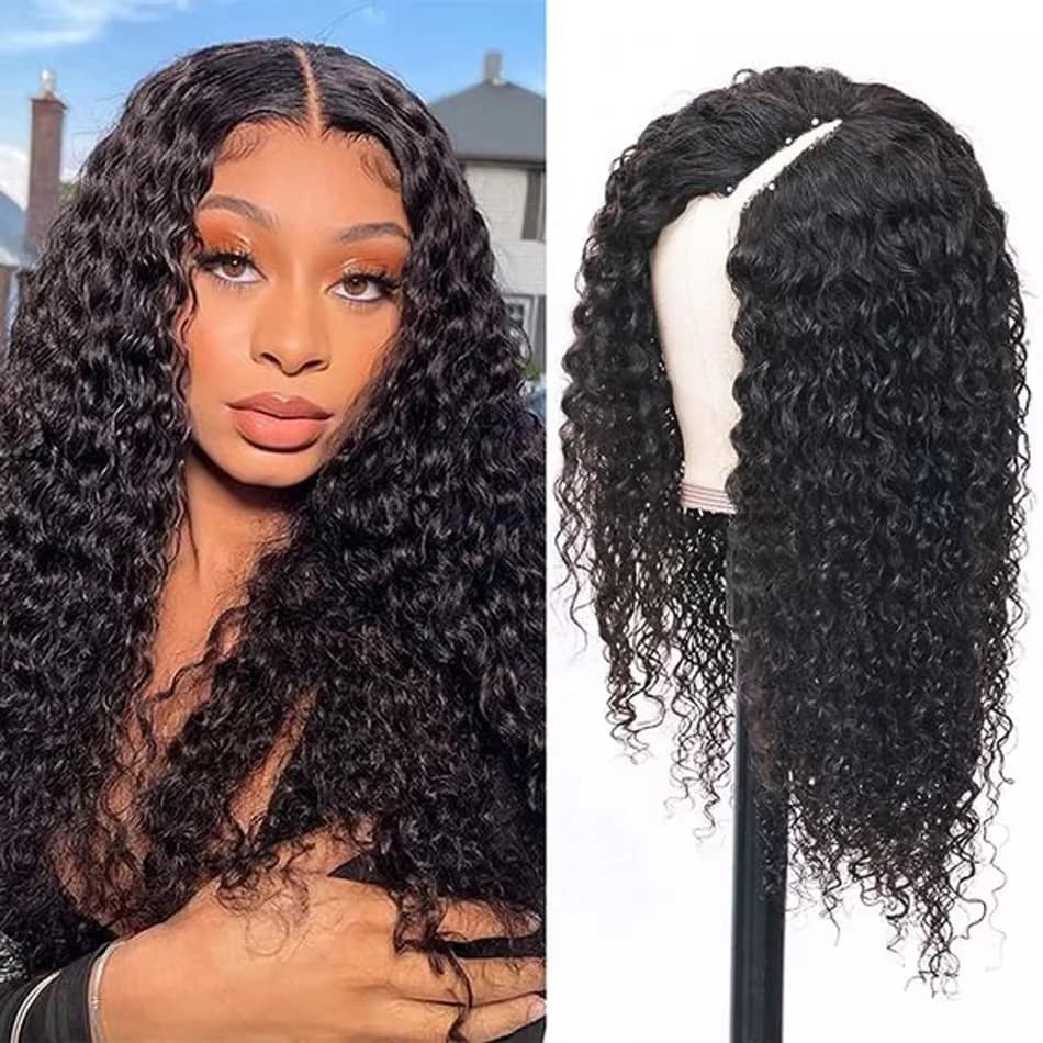 Deep Wave V Part Wig Human Hair 180% Density Full Machine Made Wig Natural Black Deep Curly V Part Wig Human Hair Wholesale