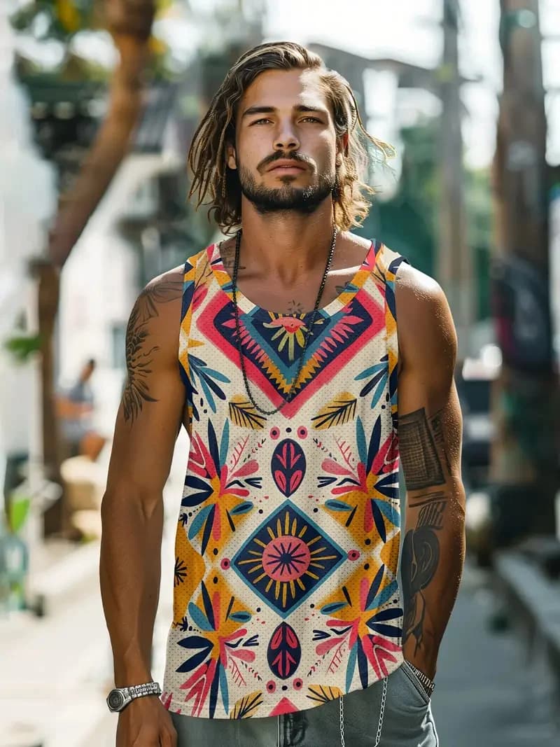 Fresh Printed Sleeveless Sports Men's Tank Top Holiday Street Fashion Round Neck Breathable Comfortable Short Sleeve Sports Tops