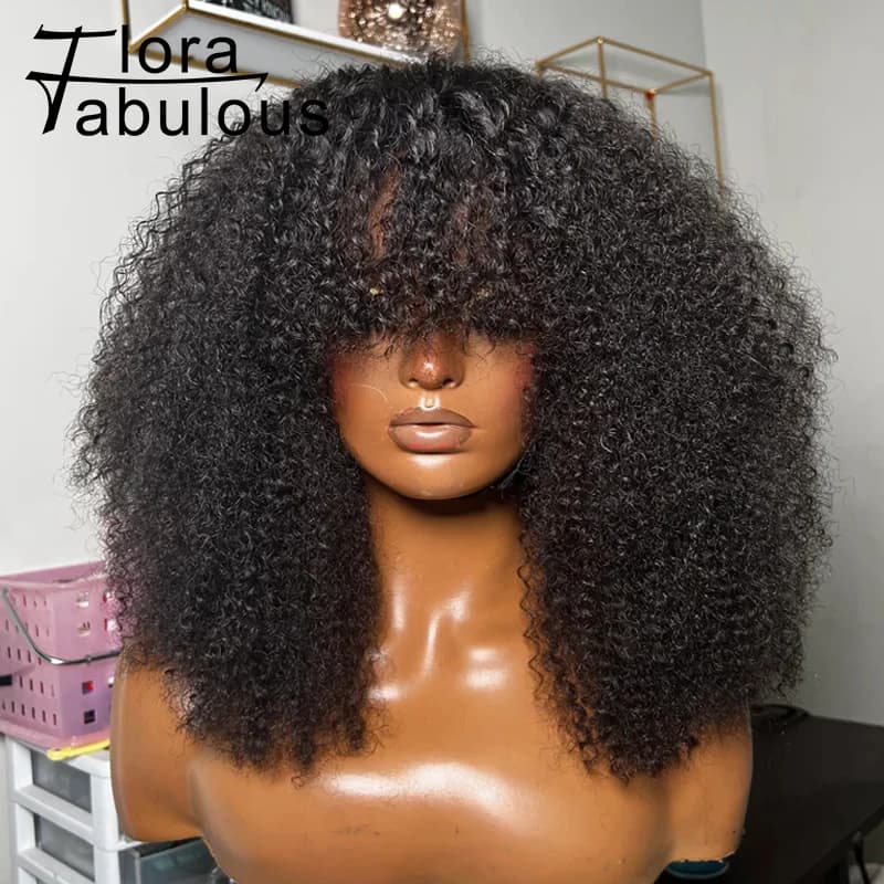 Afro Kinky Curly Wigs With Bangs 200% Density Glueless Wigs For Black Women Afro Curly Brazilian Virgin Human Hair Fringe Wigs