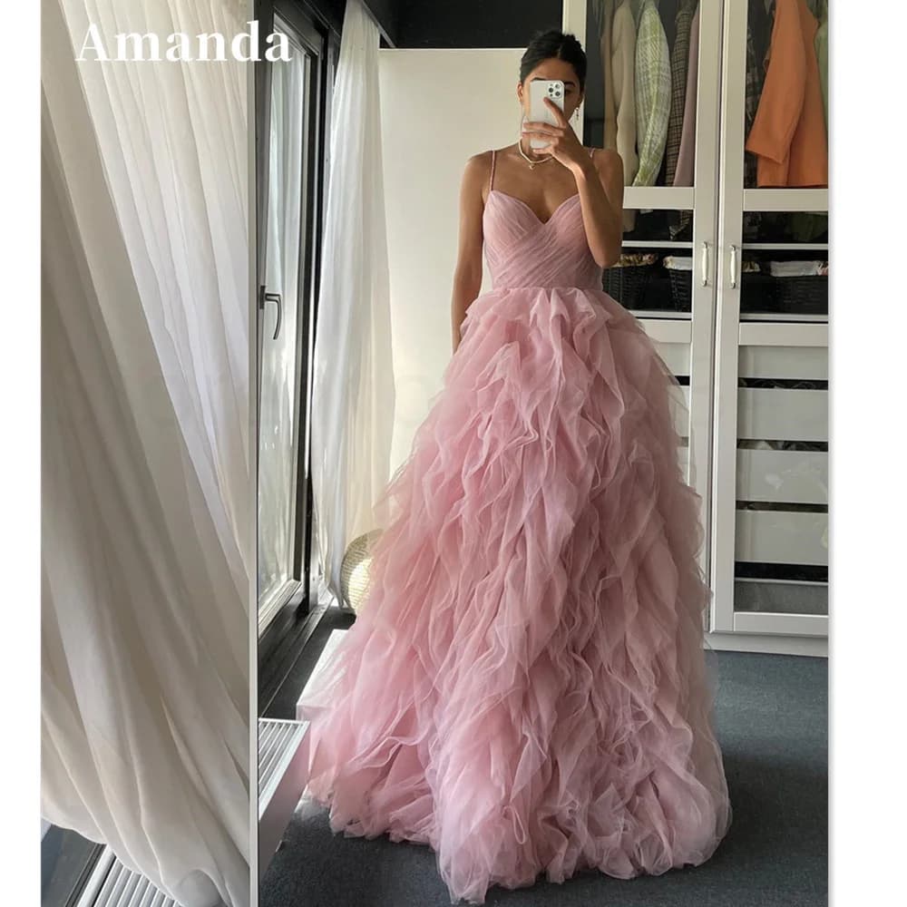 Amanda Princess Organza Prom Dress Sexy Spaghetti Straps Evening Dress Customized  فستان سهرة Arabic Women Formal Prom Dress