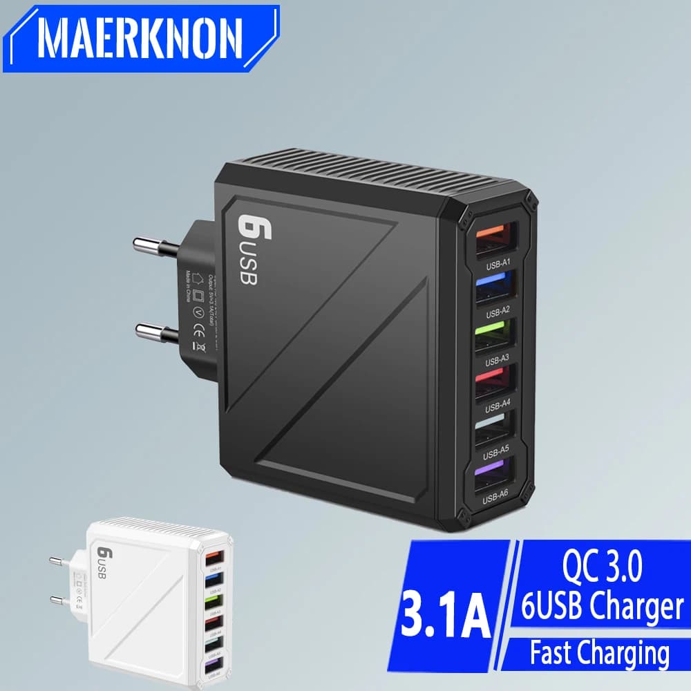 3.1A 6 Ports USB Charger Fast Charging Quick Charger 3.0 Travel Charger For iPhone 15 Samsung Xiaomi Phone Adapter Wall Charger