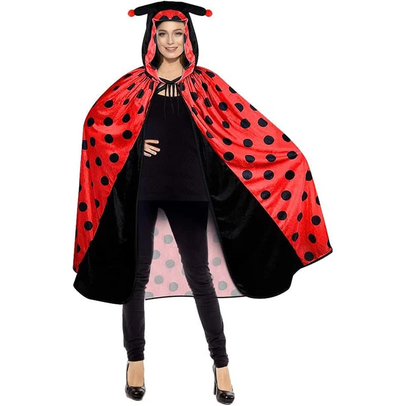 Ladies Red Polka Dot Hooded Cloak Halloween Ladybug Drawstring Hooded Costume Cape ladybug For Women