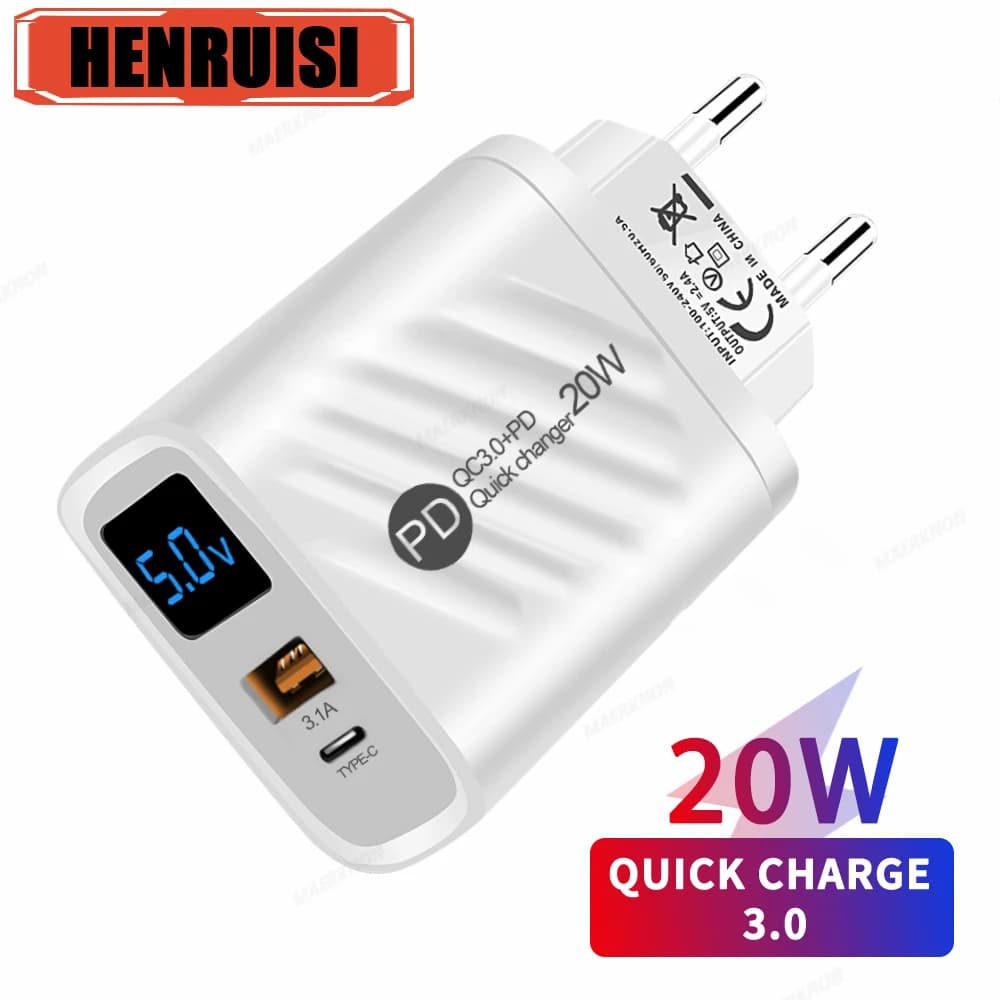 20W USB C Charger Fast Charging Type C Digital Display Phone Charge Adapter For iPhone Samsung Xiaomi Huawei USB C Wall Charger