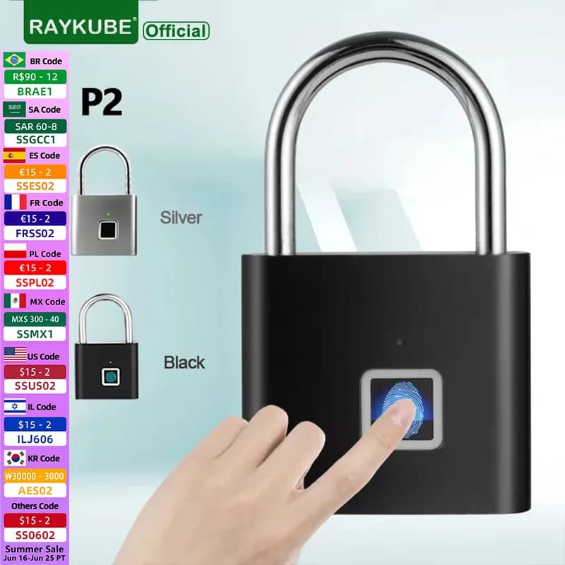 RAYKUBE P2 Smart Fingerprint Padlock Waterproof Zinc Alloy Biometric Padlocks With Buit-in Rechargeable Battery