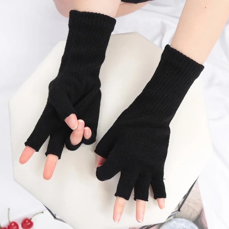 Black Knitted Gloves Winter Thermal Warm Fingerless Fashion Men Women Riding Cozy Writing Driving Work Gloves Elastic Mittens