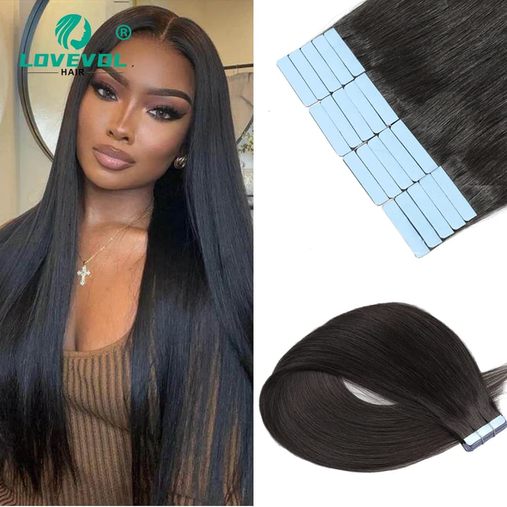 Lovevol Tape In Human Hair Extensions Black Women Real Remy Silky Natural Color Skin Weft Adhesive Glue For Salon High Quality