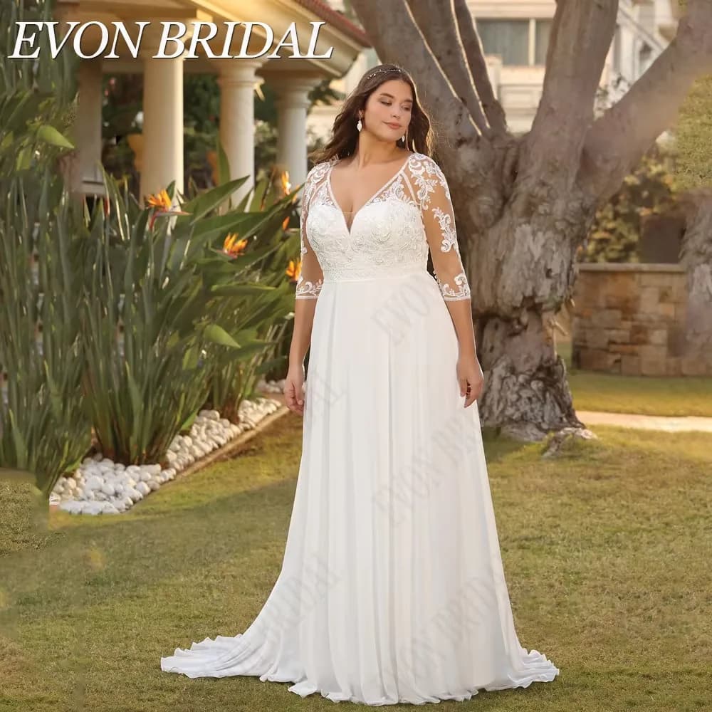 EVON BRIDAL Civil 3/4 Sleeves Plus Size Wedding Dress For Bride V-Neck Chiffon Bride Gown Robe De Mariée A-Line Customized