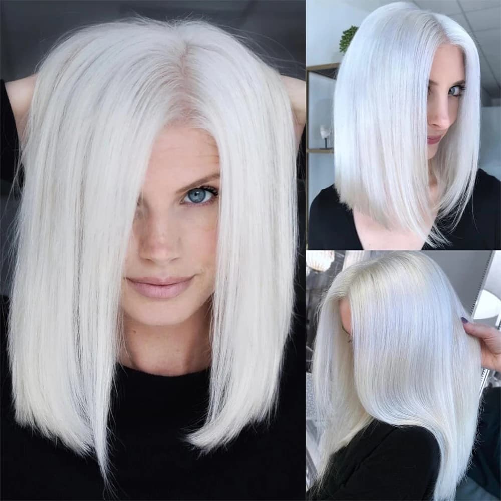 Silky Straight Short Bob Wig White 60# Full Lace Human Hair Wigs Platinum Blonde HD Lace Wig 13x6 Lace Front Wig 150% 14"