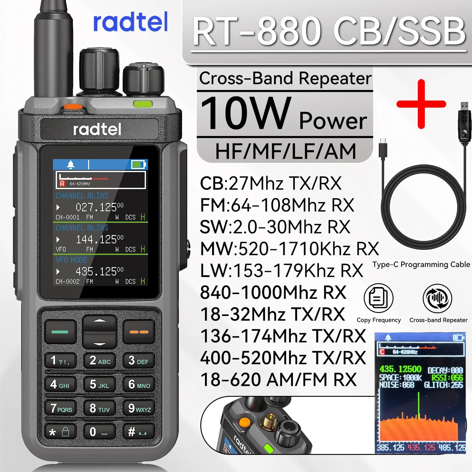 Radtel RT-880 All Band Ham Radio 10w 1024 CH with AM  SSB CB Receive, USB LSB CW CB LW MW SW 2000mAh 1024 Channels  Type C