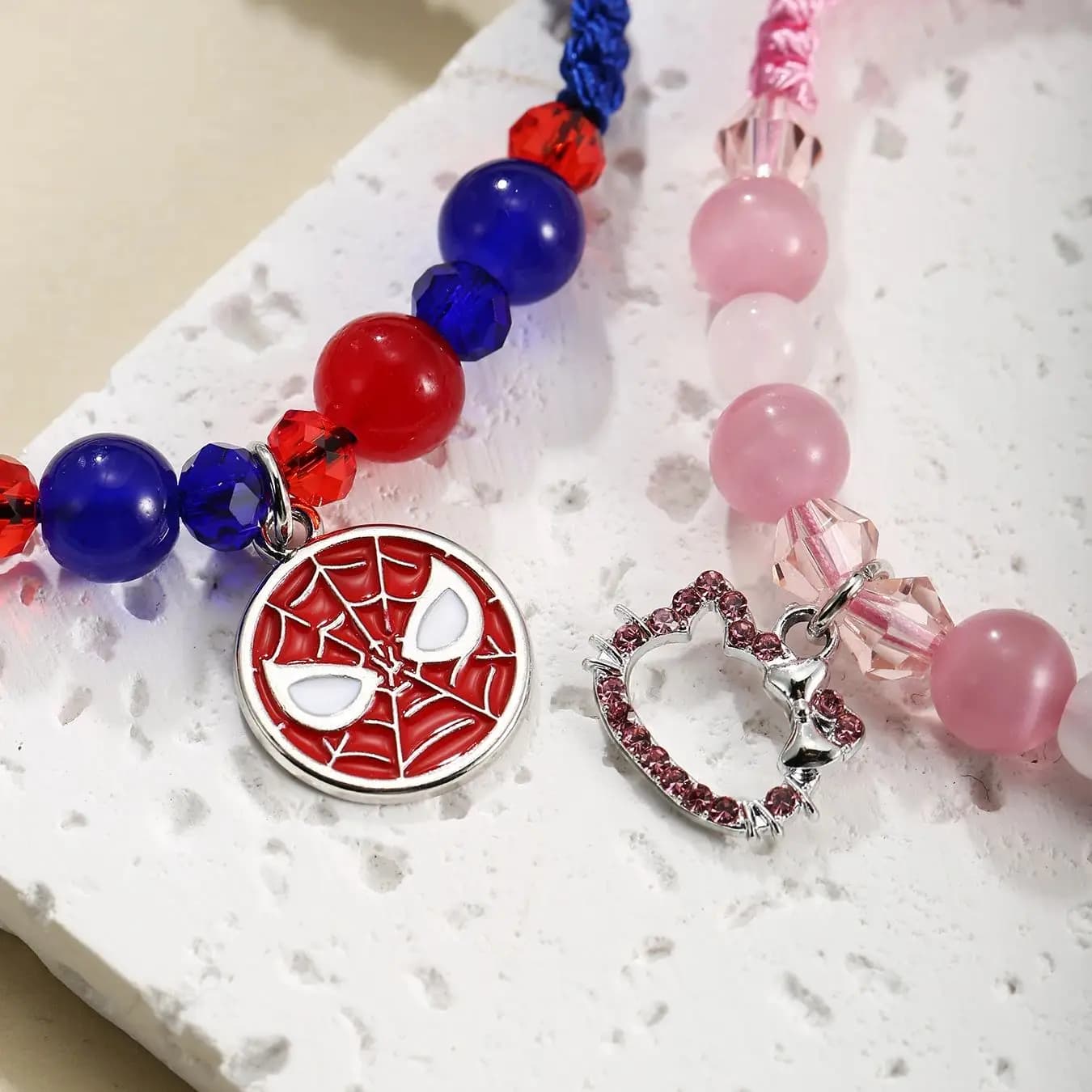 2 pcs of Pink and Blue String Spider and Cat Pendant Heart Shaped Magnet Couple's Bracelets, Bff Trendy Jewelry Gifts