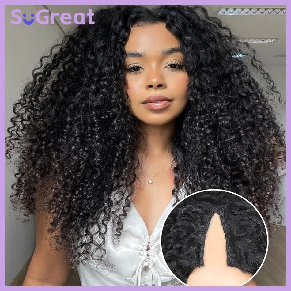 200 Density Loose Curly V Part Wig Human Hair Wig Deep Afro Curly V Part Wig 30 40 Inch Remy Hair V Part Wigs for Women on Sale