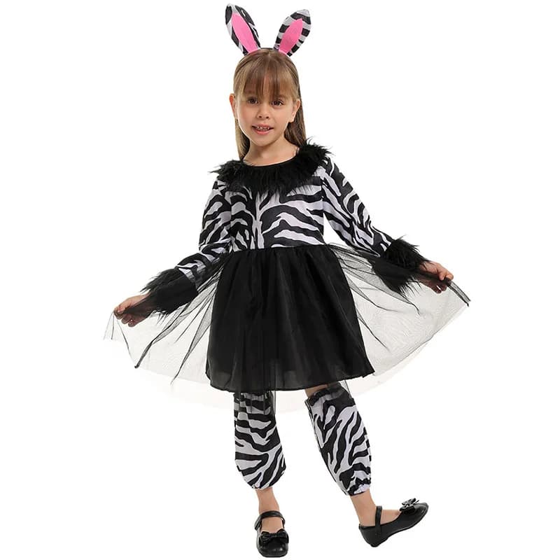 Little Zebra Costume for Toddler Girls Animal Outfits Party with Ear Headband Leg Sleeve Girl's Tutu Dress Halloween Cosplay