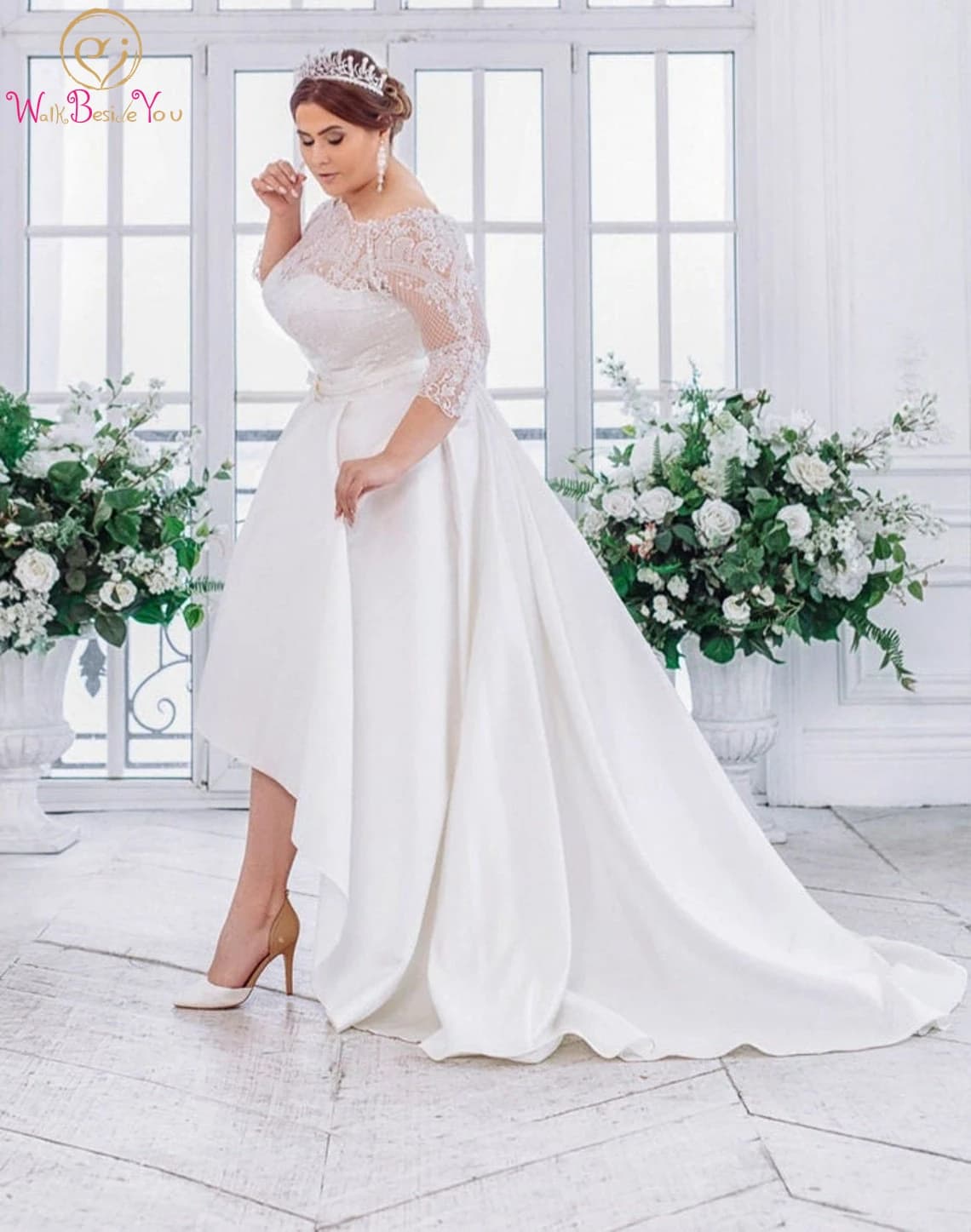 Plus size wedding dress 2024 short front long back lace and satin bride dress bridal gown with 3/4 long sleeves off shoulder