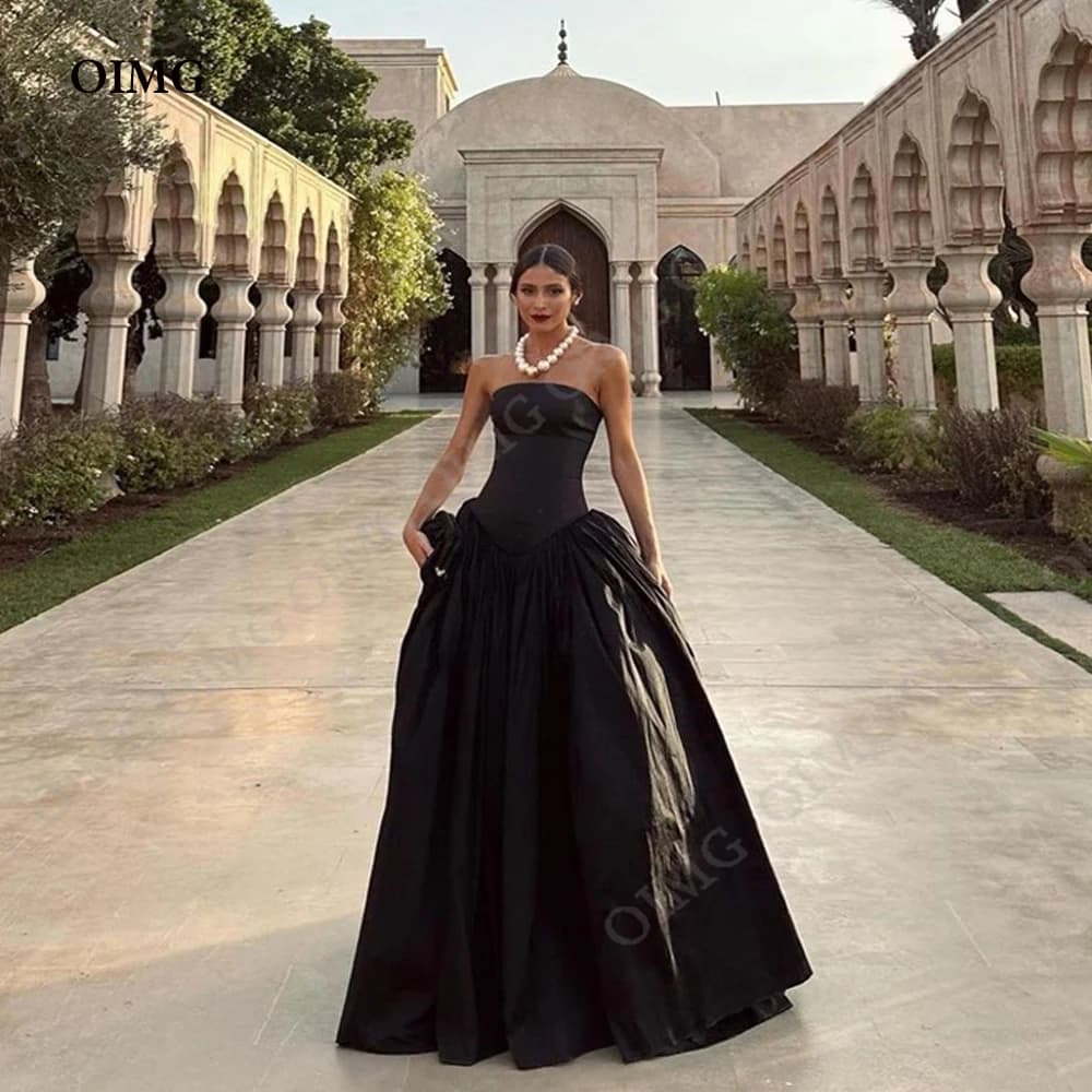OIMG Elegant Black Taffeta Long Evening Dresses Strapless Formal Prom Dress Arabia Dubai Celebrate Party Gowns Customized