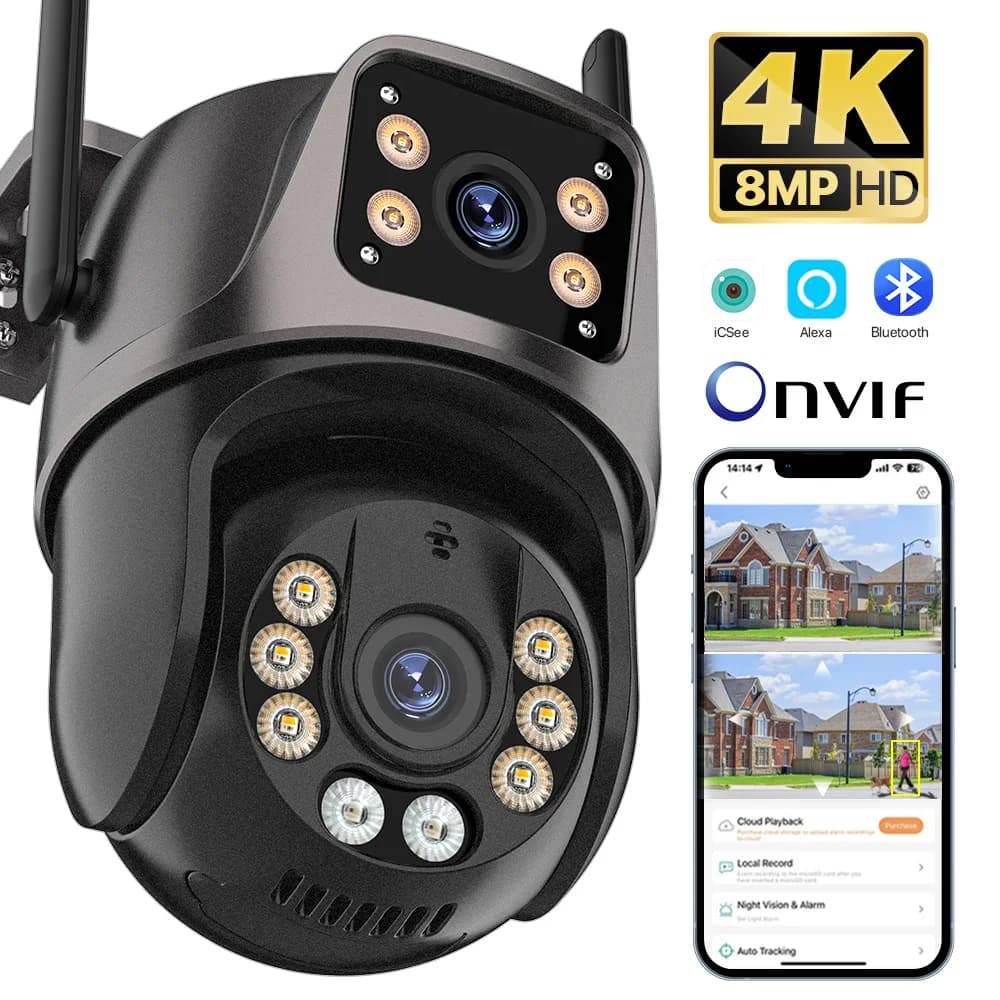 External 4K 8MP Waterproof WiFi Camera HD Dual Lens Auto Tracking Cam Outdoor Wireless Security PTZ Camera Security Cam System