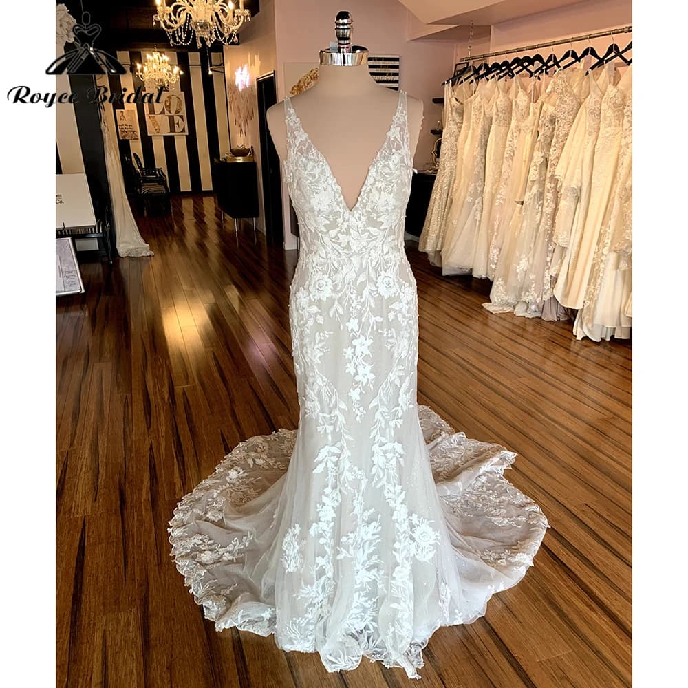 Sexy Deep V Neck Off the Shoulder Back Button Full Lace Mermaid Wedding Dress For Women Boho Bridal Gowns Sweep Robe De Marié