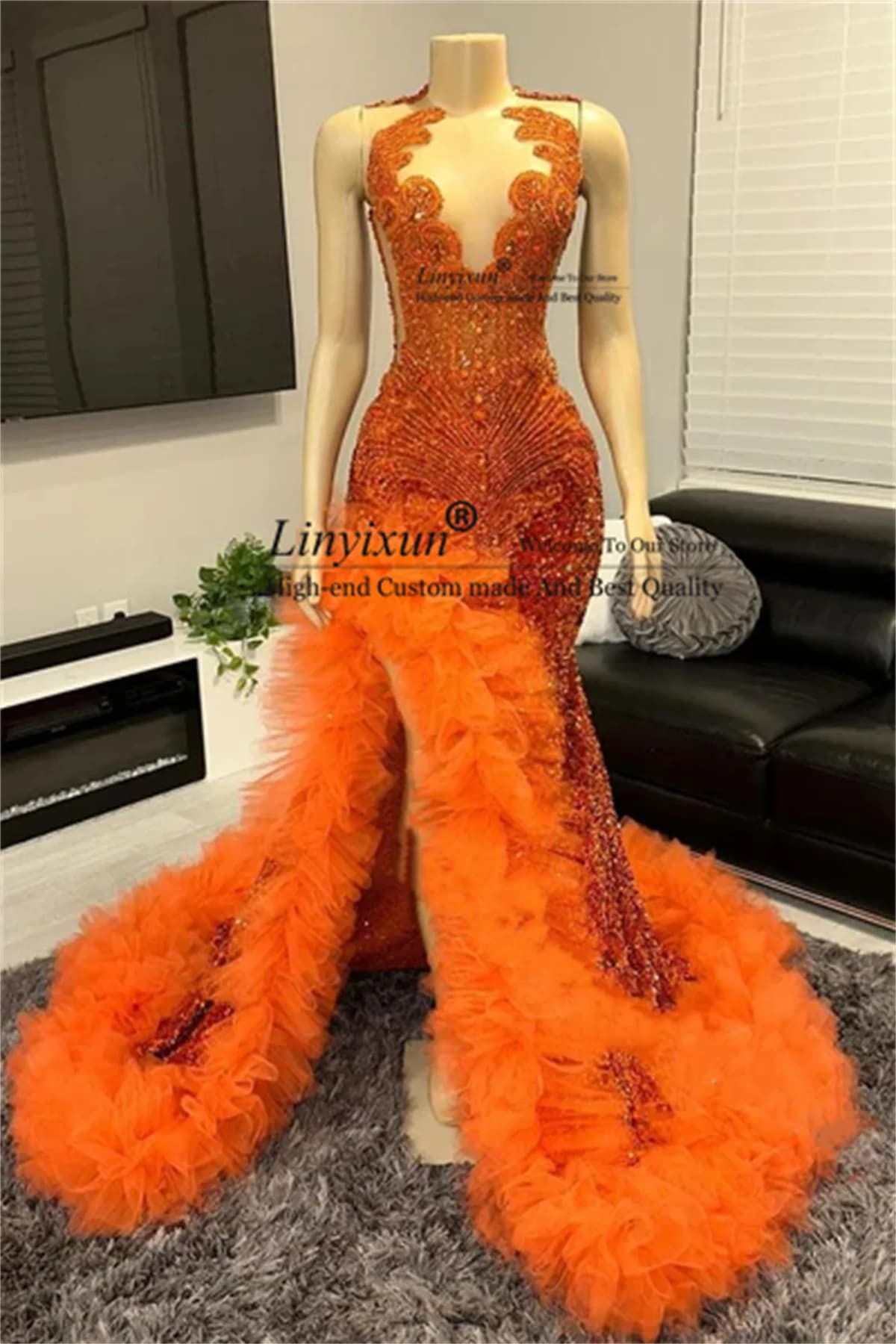 Glitter Sequins Mermaid Prom Dresses Luxury Beaded Crystals Evening Gowns Ruffles Formal Side Slit Bithday Party Robe De Soiree