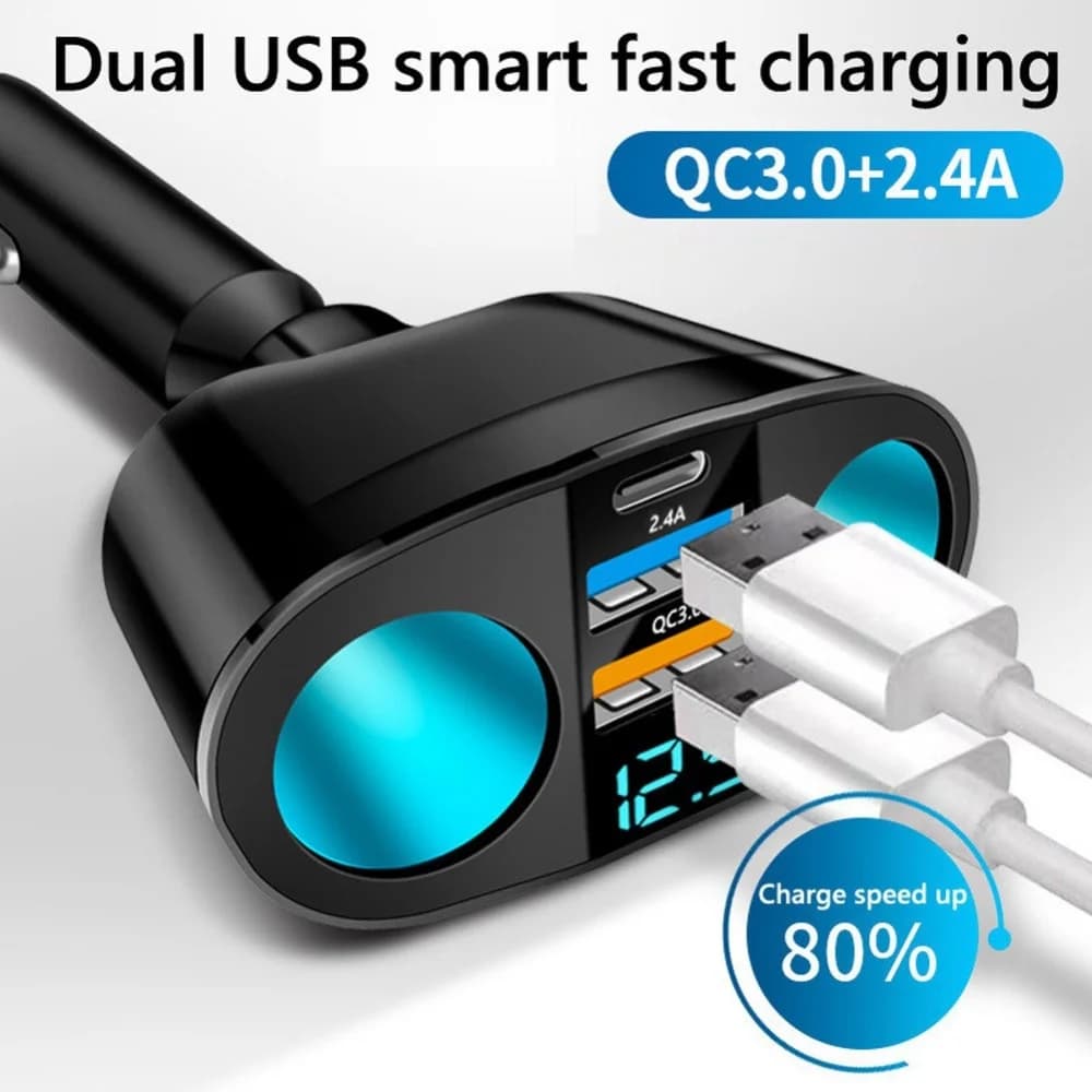 Multi Port Car Charger Fast Charging PD Type C Car Cigarette Lighter For iPhone Xiaomi Samsung Digital Display Car Phone Charger